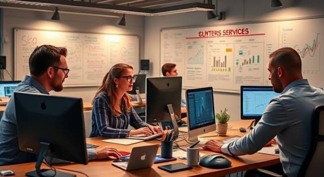 Cutting-edge SEO Services, team brainstorming, developing SEO strategies, photorealistic, contemporary workspace filled with computers and whiteboards, highly detailed, animated discussions, ultra-HD, rich hues, soft ambient lighting, shot with a Nikon 85mm f/1.4G lens.