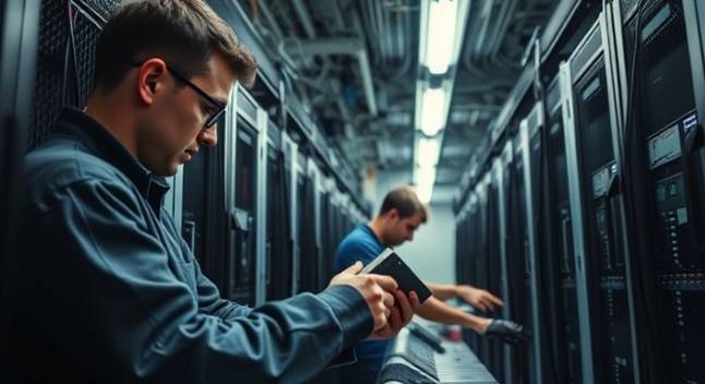 Seamless Integration Technology, technicians at work, configuring integrations, photorealistic, industrial setting with cables and servers, highly detailed, dynamic open-source tech, high definition, neutral tones, cool fluorescent lighting, shot with a Sigma 35mm f/1.4 DG HSM Art lens.