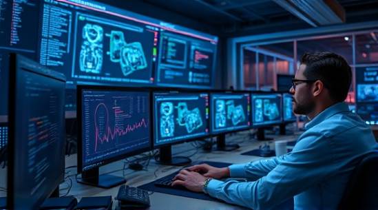 Next-gen AI Integration, developers coding, testing AI algorithms, photorealistic, software lab with AI models and coding screens, highly detailed, dynamic algorithm flow graphs, 4K quality, bright colors, LED screen lights, shot with a Canon RF 35mm f/1.8 IS Macro STM lens.