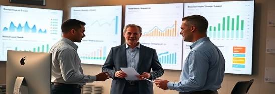 Innovative Business Automation, managers reviewing reports, enhancing productivity, photorealistic, collaborative workspace with digital boards, highly detailed, dynamic performance charts, high clarity, warm tones, even backlighting, shot with a Sigma 50mm f/1.4 DG HSM Art lens.