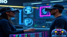 AI-driven Integration Technology, IT professionals with VR headsets, testing new AI interactions, photorealistic, futuristic lab with holograms and VR equipment, highly detailed, immersive virtual environments, 4K, glowing neons, dark ambient light, shot with a Sony 24-70mm f/2.8 GM lens.