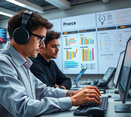 Automated Business Solutions, technicians configuring bots, streamlining processes, photorealistic, automation-focused office with process charts, highly detailed, active script adjustments, high-res, tech vibe colors, bright directional lighting, shot with a Nikon 24-120mm f/4G ED VR lens.