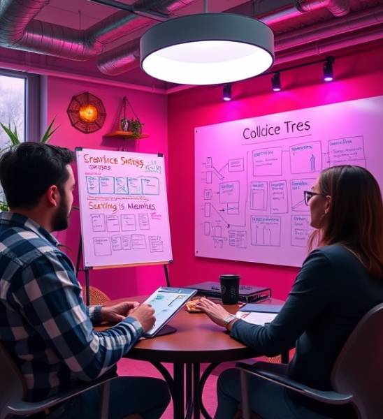 Advanced SEO Strategy Sessions, marketers engaging, refining strategies, photorealistic, creative agency space with vibrant decor, highly detailed, fluid markerboard diagrams, ultra-sharp, bright and colorful, overhead LED lights, shot with a Fujifilm XF 35mm f/1.4 R lens.